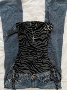 Attitoon 女式休闲斑马纹抽绳系带短款吊带背心，春夏季时尚 - 深灰色 - 查看 1