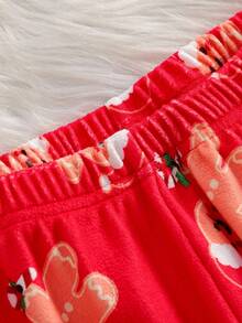 2件套少女红色雪人印花休闲舒适长裤和长袖睡衣套装 - 紅色 - 查看 4