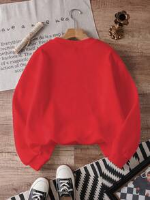 SHEIN Young Girl Casual Comfortable Fashion Minimalist Cute Bow Pattern Thermal Lined Crew Neck Long Sleeve Pullover Sweatshirt - Red - View 2