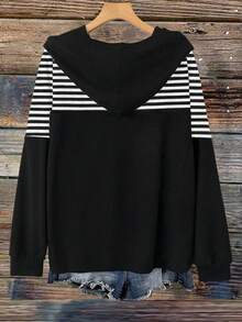 Linhara Sudadera casual de talla grande para mujer con rayas y parches de colores contrastantes, adecuada para uso diario y actividades al aire libre - Multicolor - Ver 2
