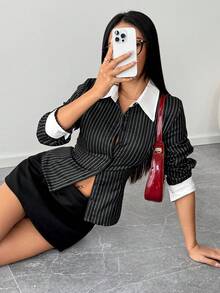 SHEIN PETITE Áo sơ mi tay dài cài nút họa tiết sọc đen trắng khối màu dành cho phụ nữ nhỏ nhắn, mùa thu/đông, tối giản, đa năng khi đi làm, đi học, đi chơi, hẹn hò - Đen và trắng - Xem 5