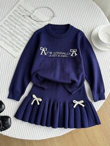 SHEIN Young Girl Slogan & Bow Decor Long Sleeve Sweater And Knit Mini Skirt Casual Set, Autumn/Winter - Blue - View 4