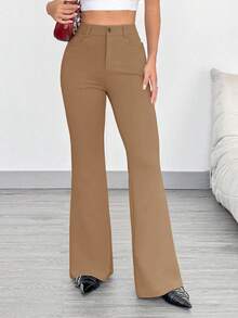 SHEIN EZwear 时尚通勤驼色针织修身喇叭裤 - 駝色 - 查看 3