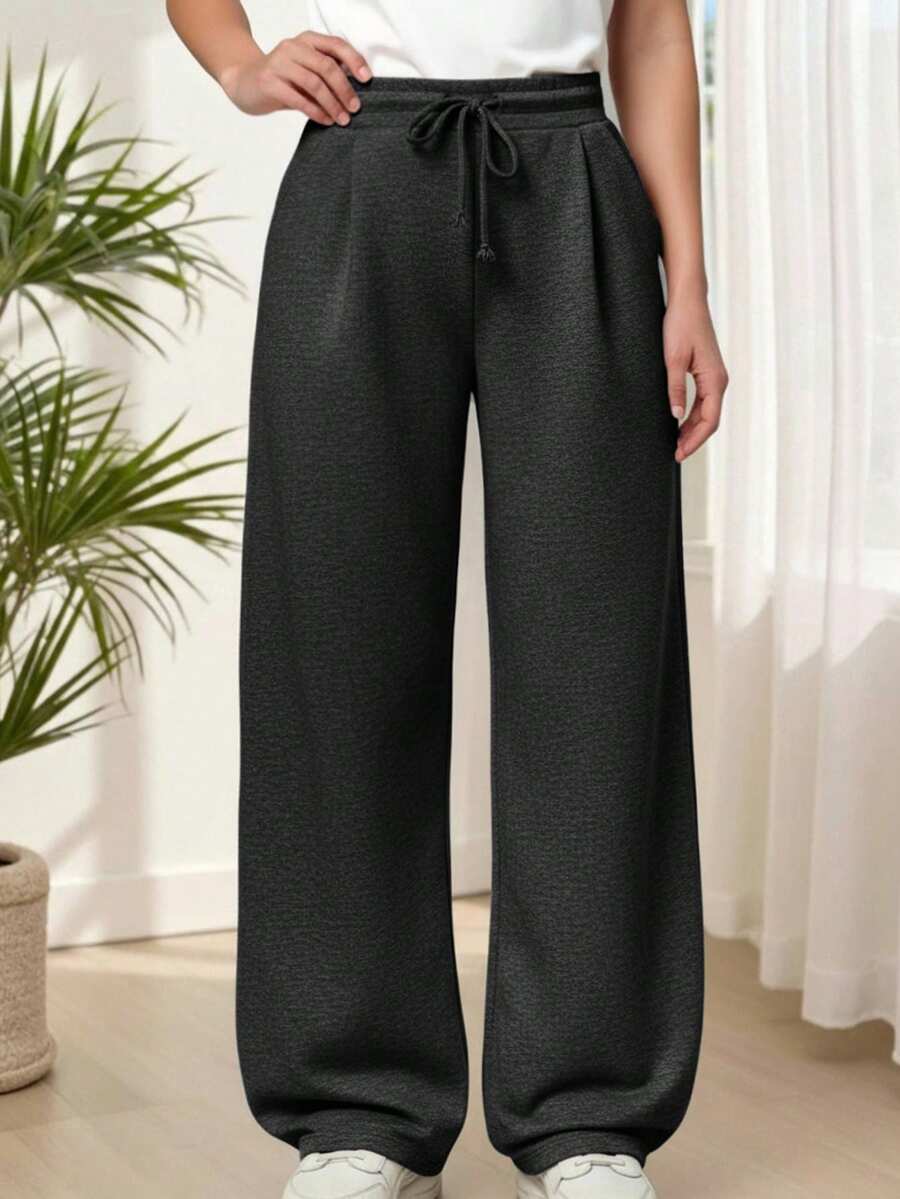 青少年女童抽绳腰阔腿直筒休闲裤，小码女式休闲裤可搭配连帽衫、夹克、毛衣、棉质外套，打造街头和校园风格 - 深灰色 - 查看 1