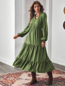 EMERY ROSE Damska jesienna sukienka w stylu boho, casualowa, w stylu wakacyjnym, w kolorze rdzawobrązowym, z dekoltem w serek i długim rękawem, w patchworkowym stylu - Wojskowa Zieleń - Zobacz 3