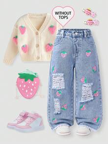Young Girl Light Wash Blue Strawberry Print Wide Leg Jeans, Comfortable Sweet Casual Vacation School Style Recommended! - Light Wash - View 1