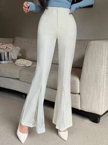 DAZY 女式优雅纯色蕾丝拼布喇叭裤 - 米色 - 查看 5