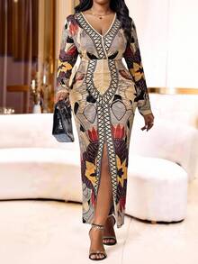 SHEIN Lady Brown Dress Elegant Dresses For Party Long Party Dresses Luxury Evening Dresses For Women Shiny Dress Party Dress   Long Party Dress  Plus Size Women Geometric Print V-Neck Long Sleeve Split Hem Fitted Elegant Dress