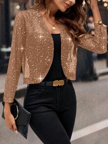 Editum Women's Sparkle Sequin Blazer, 3/4 Sleeve Open Front Cropped Jacket,Business Casual Woman In Fall/Winter