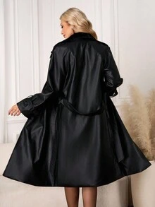 Ellevyn Women's Classic PU Leather Long Trench Coat With Faux Fur Collar, Autumn  Winter Clothes For Women   Fall Clothes For Women   Plush Autumn And Winter Cotton-Padded Jacket With Long Insulation - Black - View 9