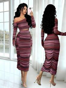 Rafferiza Women's Striped Asymmetric-Shoulder Long Sleeve Cropped Top And Pleated Midi Skirt Fitted 2 Pieces Set Elegant Midi Dress Sexy Curve Dress Slay Diva Dress - Multicolor - View 1