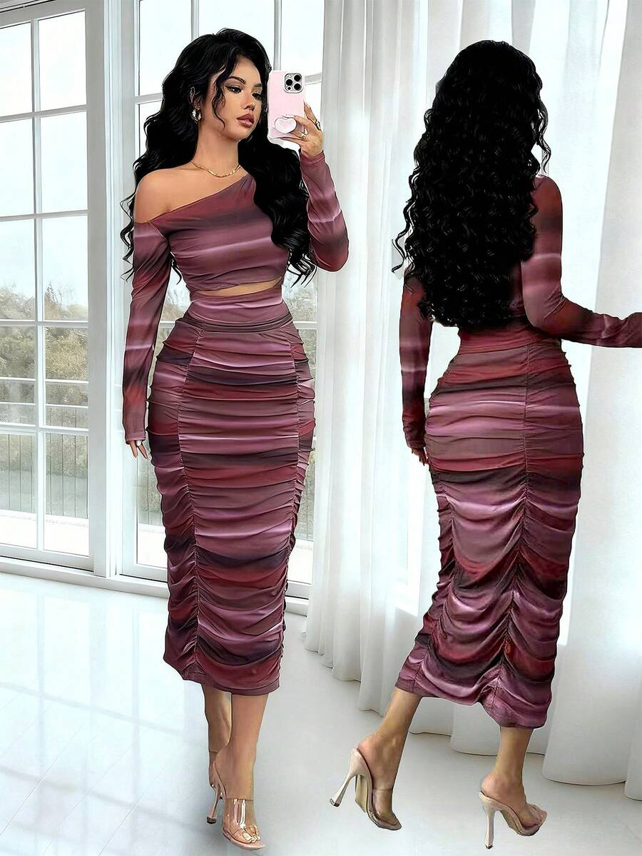 Rafferiza Women's Striped Asymmetric-Shoulder Long Sleeve Cropped Top And Pleated Midi Skirt Fitted 2 Pieces Set Elegant Midi Dress Sexy Curve Dress Slay Diva Dress - Multicolor - View 1