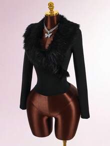 Amplova 女式毛领拼布紧身长袖T恤 - 黑色 - 查看 4