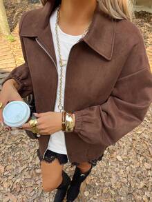 Livesso 女士休闲宽松麂皮夹克，立领，适合秋冬春 - 棕色 - 查看 2