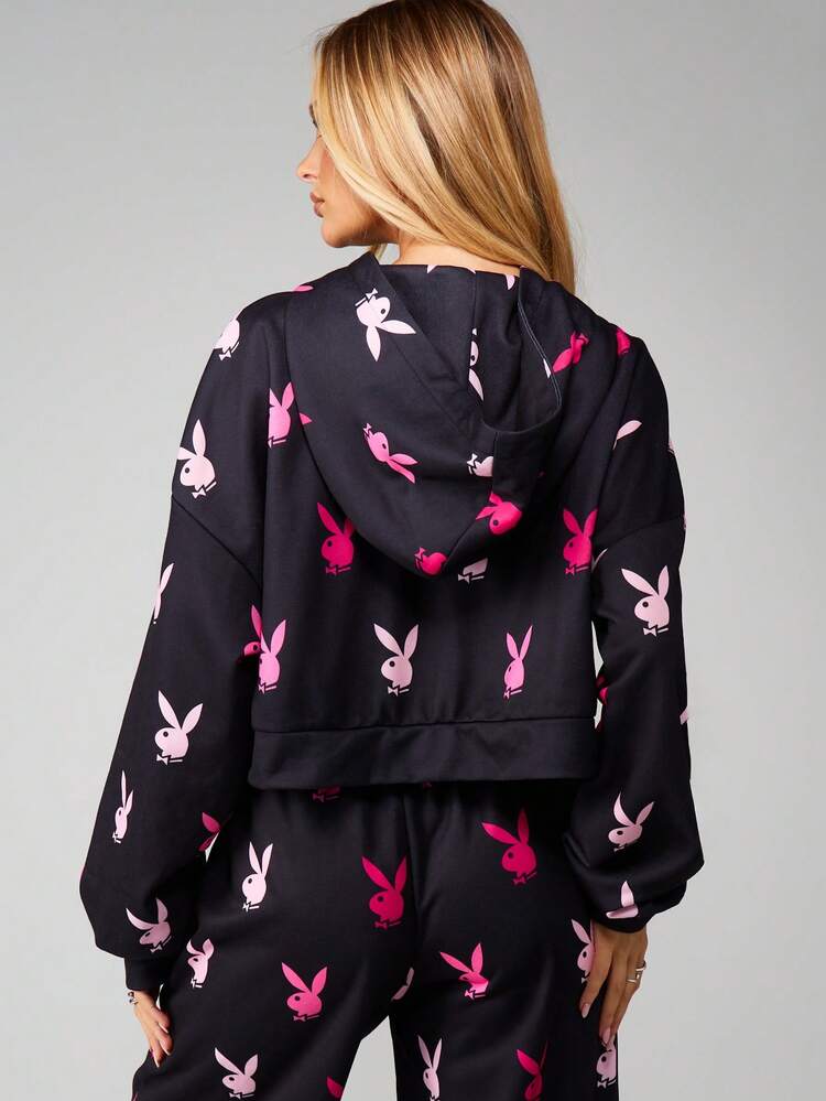 Missguided x Playboy Bunny Print Zip Up Hoodie With Drawstring And Centre Pocket For Casual Streetwear