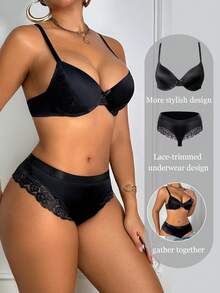 1 Set Women's Underwear With Underwire Bra + Thong Panty, Black - Black - View 3