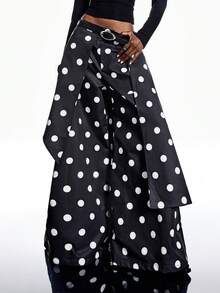 LYSMO 女士波尔卡圆点印花宽松阔腿复古时尚裤 - 黑與白 - 查看 1