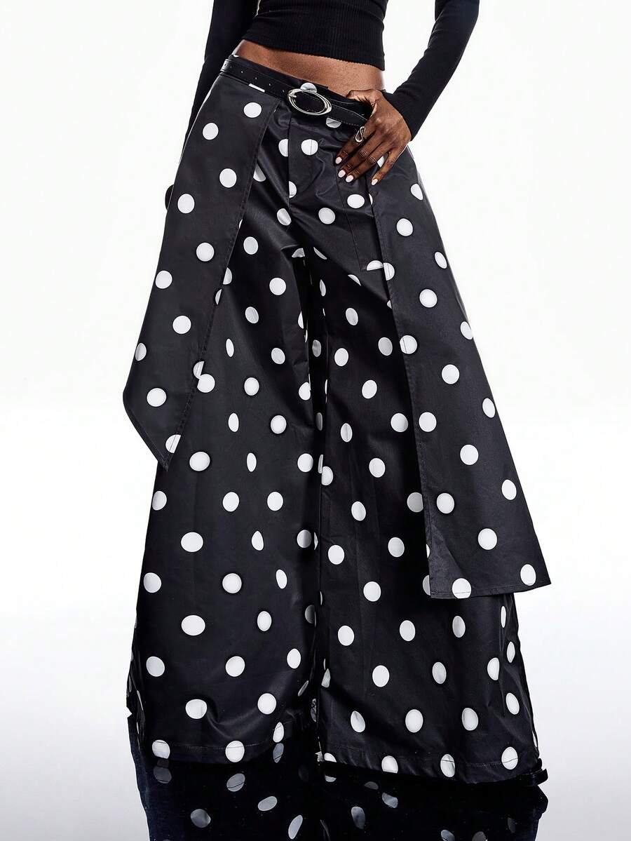 LYSMO 女士波尔卡圆点印花宽松阔腿复古时尚裤 - 黑與白 - 查看 1