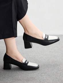 CUCCOO BIZCHIC 女士方头粗跟乐福鞋，百搭时尚，适合通勤 - 黑與白 - 查看 3