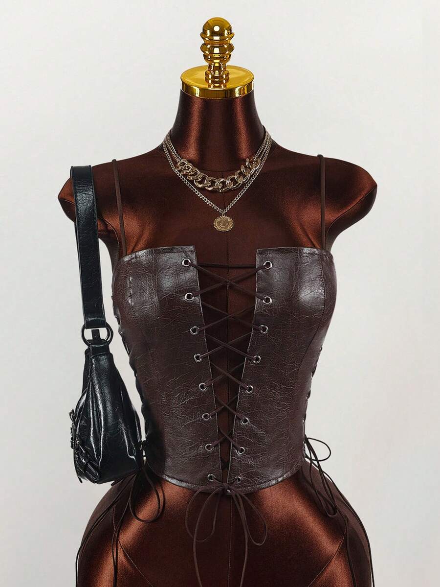 Amplova Party Girl Textured PU Hollow Strap Women Tank Top - Brown - View 1