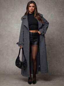 SHEIN BAE 1 件女式纯色长袖纽扣前系带休闲夹克，适合秋冬季日常穿着 - 深灰色 - 查看 5