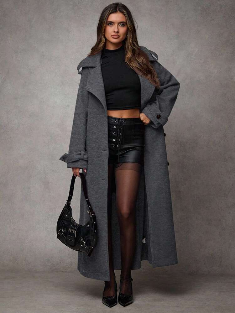 SHEIN BAE 女性用長袖シンプルフロントボタン ロングラインオーバー 