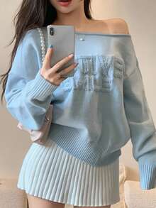 DAZY Women's Casual Asymmetric Collar Letter Pattern Sweater, Autumn/Winter - Blue - View 4