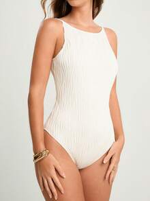 CAJUNI Solid Textured Sleeveless Criss-Cross Backless Slip Bodysuit, Beige Swimsuit, Modest One Piece Swimsuit, Cream One Piece Swimsuit, Ribbed One Piece Swimsuit, Textured Swimsuit, Summer Bodysuit - White - View 6