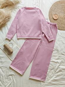 Vintaside Kids 2件套女童可爱花卉针织套装、上衣和裤子 - 粉色 - 查看 2