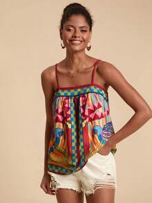 Travachic 女士度假印花宽松吊带背心，热带风情上衣，度假沙滩装上衣，时尚沙滩上衣，休闲度假，夏季假期，春假，派对，海滩，春季，情人节，墨西哥风情上衣，波西米亚风女式上衣 - 彩色 - 查看 5