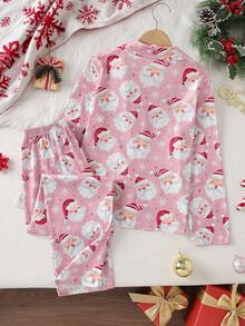 青少年女孩圣诞主题睡衣套装，圣诞老人和雪花全身印花，阻燃，优雅舒适的长袖上衣和裤子，2 件套，节日礼物 - 粉色 - 查看 2