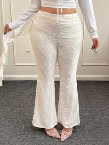 CovetEZ 加大码 Y2K 喇叭裤，荷叶边下摆，蕾丝边，适合秋冬季节假期和约会穿着 - 杏色 - 查看 5