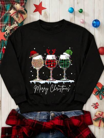 EMERY ROSE Women's Fashionable Christmas Wine Glass Print Dropped Shoulder Crew Neck Sweatshirt
