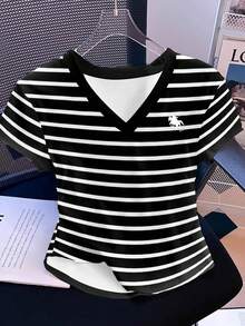 SHEIN BASICS Women's Fashion Knight Embroidery Striped Slim Fit Short Sleeve V-Neck T-Shirt, Summer - Black - View 6