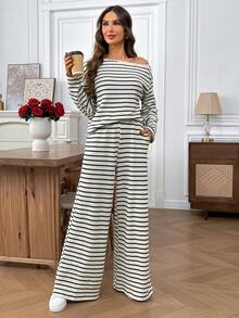 EMERY ROSE 女士条纹不对称肩长袖上衣和阔腿裤休闲宽松两件套 - 杏色 - 查看 8