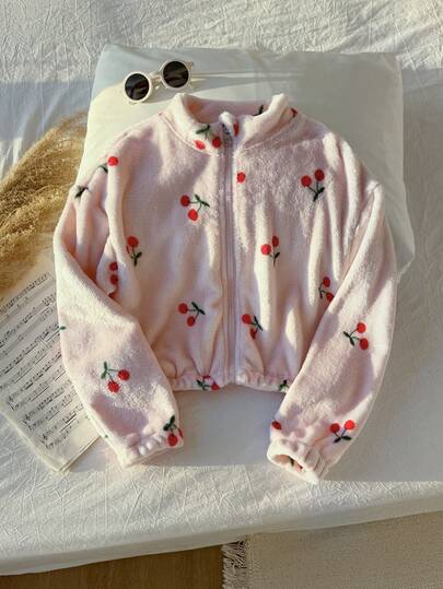 SHEIN 1pc Girls Heart Print Zip-Up Collar Fuzzy Jacket, Casual Outerwear For Autumn/Winter