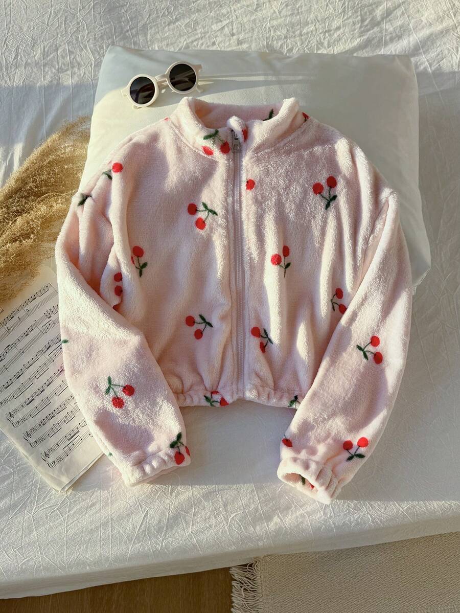 SHEIN 1pc Girls Heart Print Zip-Up Collar Fuzzy Jacket, Casual Outerwear For Autumn/Winter - Pink - View 1