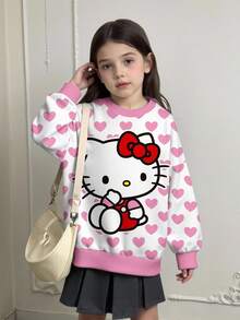 SHEIN Hello Kitty and Friends | Modeflare Wear 可爱女孩粉色波尔卡圆点心形休闲宽松柔软针织圆领套头衫，适合上学、社交、睡前、女婴 - 彩色 - 查看 2