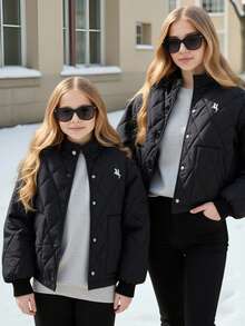 1件女童绗缝立领刺绣休闲冬季外套 - 黑色 - 查看 2