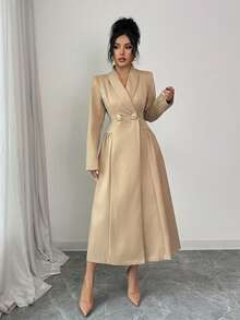 Elenzga Abrigo largo de mujer con hebilla de metal en la cintura - Caqui - Ver 3