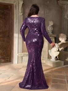 Aureia 大码秋冬优雅华丽紫色亮片拼接缎面不对称领口长袖褶皱修身鱼尾连衣裙，适合晚宴、单身派对、约会、节日、舞会、婚礼、晚宴等场合（重工款）、宾客礼服、情人节等。 - 紫色 - 查看 8