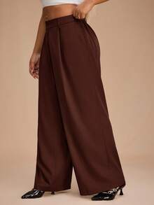 SHEIN Forever 21 大码女式休闲纯色宽松西装裤 - 鏽棕色 - 查看 5