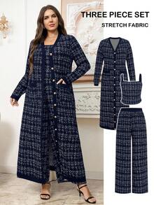 SHEIN Clasi Bộ đồ liền thân ống rộng không tay họa tiết kẻ caro cỡ lớn dành cho nữ, mùa thu, áo khoác kim loại một hàng khuy dài - Màu xanh hải quân - Xem 2
