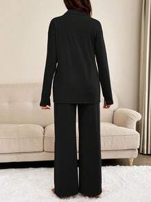 SHEIN Bộ 2 áo thun dài tay cổ ve màu trơn cho bà bầu, áo và quần dài tay cài nút đơn - màu đen - Xem 2