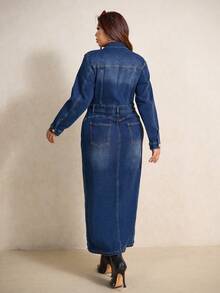 Elaquor Plus-Size Dark Blue Denim Dress, Classic Long-Sleeved Shirt Dress, French Elegance, Gold Metal Buckle Embellishment, Autumn/Winter Women's Clothing.