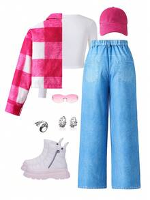 3 Stücke/Set Tween Mädchen Enges Langarm Rundhalsausschnitt Top + kurzer Kragen karierter Wollmantel Jacke + süßer Herz Muster schmale Hose mit hoher Taille, geeignet für Herbst/Winter Alltagsoutfit - Verschiedenfarbig - Übersicht 2