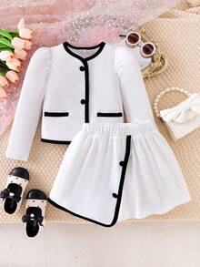 SHEIN Elladie kids 两件套少女时尚白色纽扣黑色长袖假口袋外套，搭配舒适的秋冬两合一半裙套装 - 白色 - 查看 4