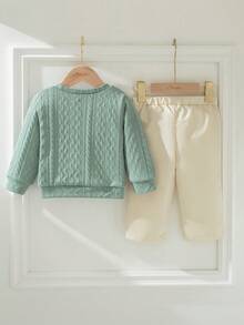 Souflis Souflis 复古法式橄榄绿领长袖绞花上衣搭配米色裤子，适合上学、外出和各种场合，适合幼儿男孩的绅士装 - 彩色 - 查看 2