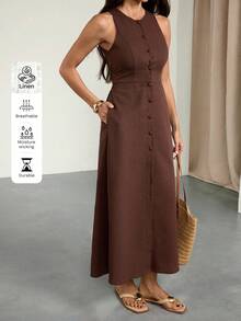 SHEIN Tall فستان قطني بدون أكمام أحادي الصدر كاجوال بني اللون - بني - مشاهدة 7