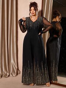 Cravure Plus Size Women's Luxurious, Elegant Mesh Patchwork Jumpsuit - Black - View 5
